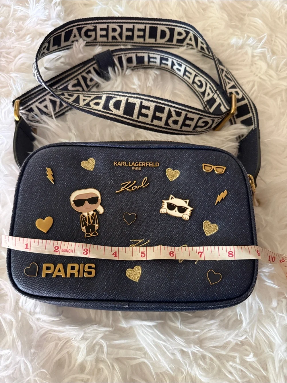 Karl Lagerfeld Navy and Gold Embellished Crossbody Messenger Bag